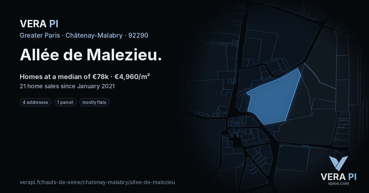 Allée de Malezieu, Châtenay-Malabry at night – every parcel coloured by the prices around it, the street's own parcels lit