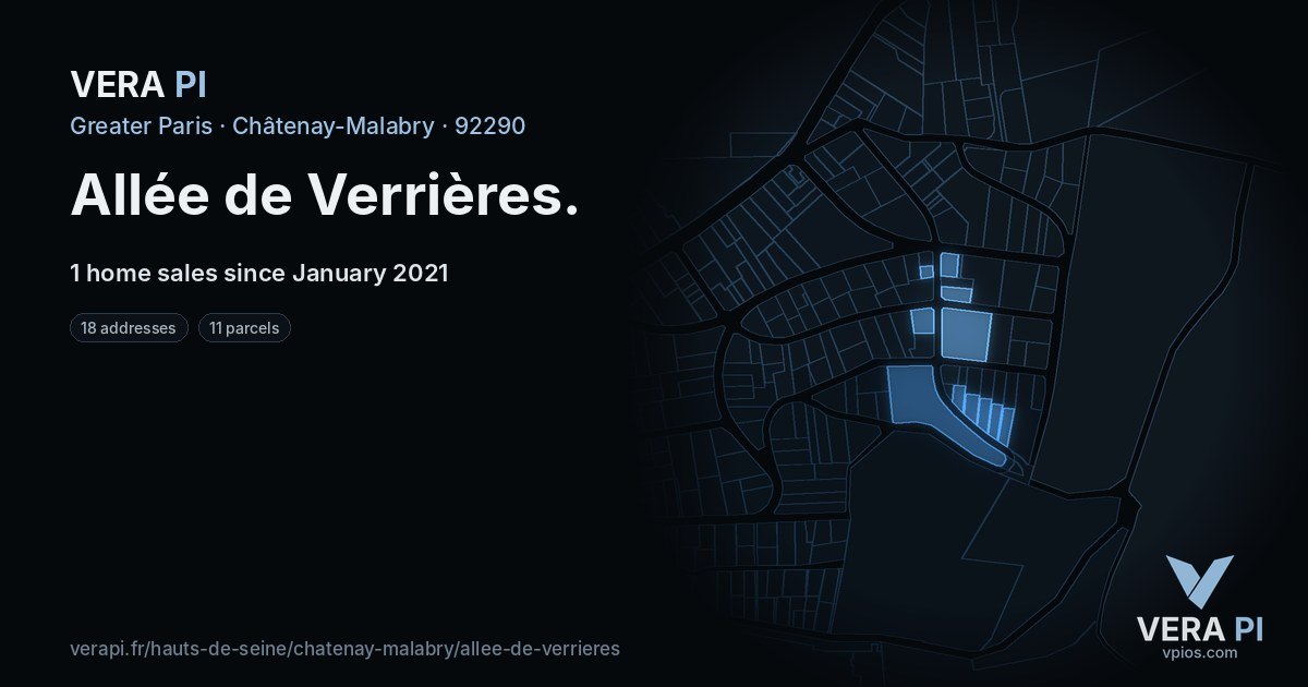 Allée de Verrières, Châtenay-Malabry at night – every parcel coloured by the prices around it, the street's own parcels lit