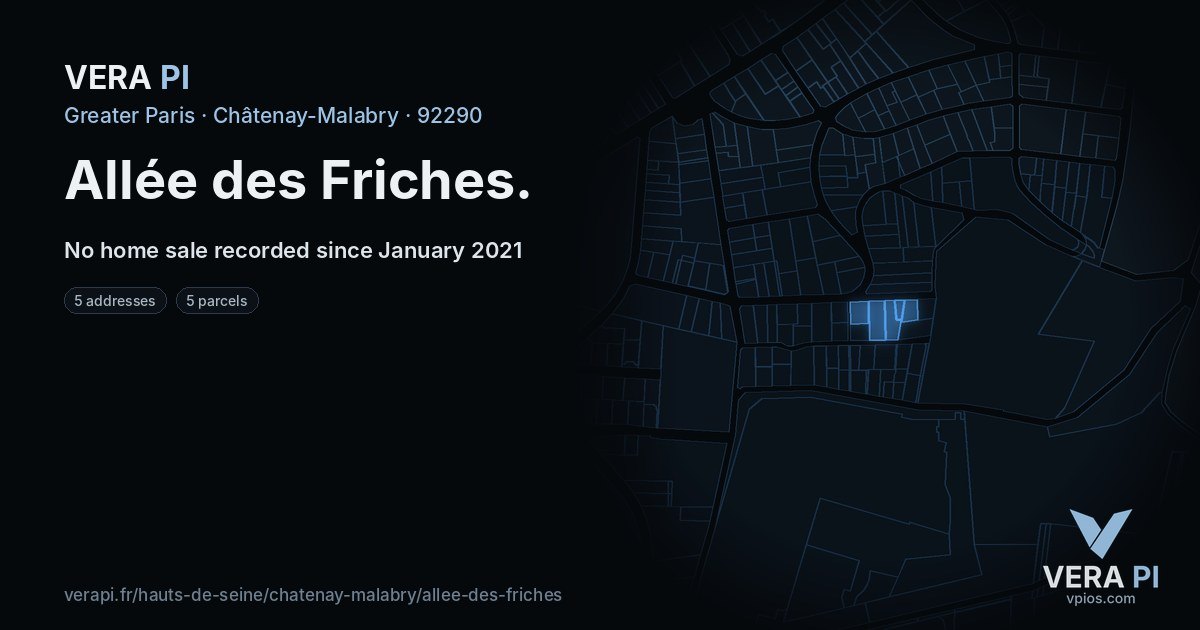 Allée des Friches, Châtenay-Malabry at night – every parcel coloured by the prices around it, the street's own parcels lit