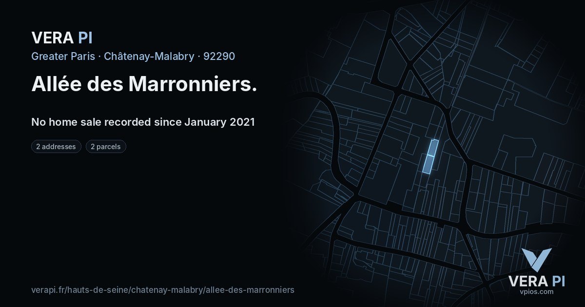 Allée des Marronniers, Châtenay-Malabry at night – every parcel coloured by the prices around it, the street's own parcels lit