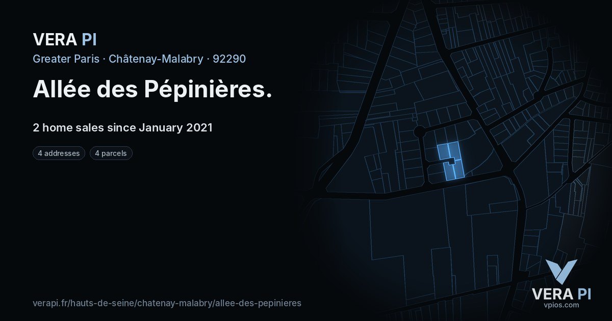 Allée des Pépinières, Châtenay-Malabry at night – every parcel coloured by the prices around it, the street's own parcels lit