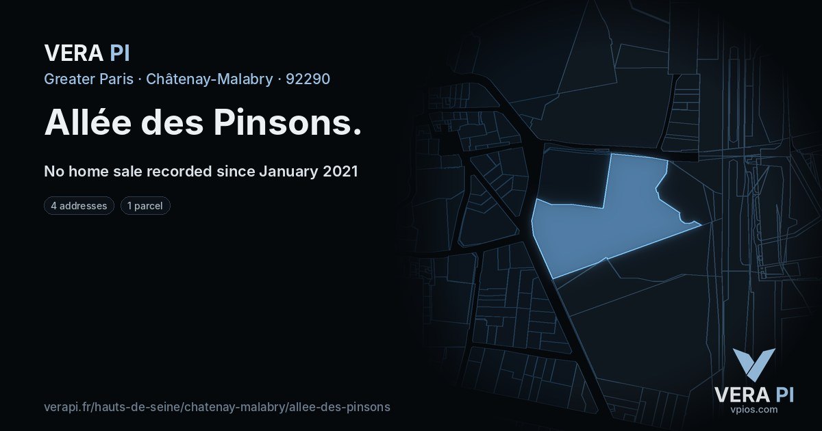 Allée des Pinsons, Châtenay-Malabry at night – every parcel coloured by the prices around it, the street's own parcels lit