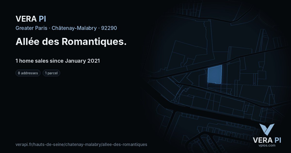 Allée des Romantiques, Châtenay-Malabry at night – every parcel coloured by the prices around it, the street's own parcels lit