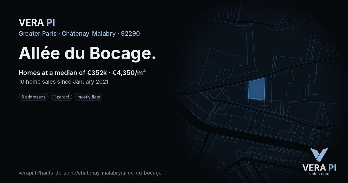 Allée du Bocage, Châtenay-Malabry at night – every parcel coloured by the prices around it, the street's own parcels lit
