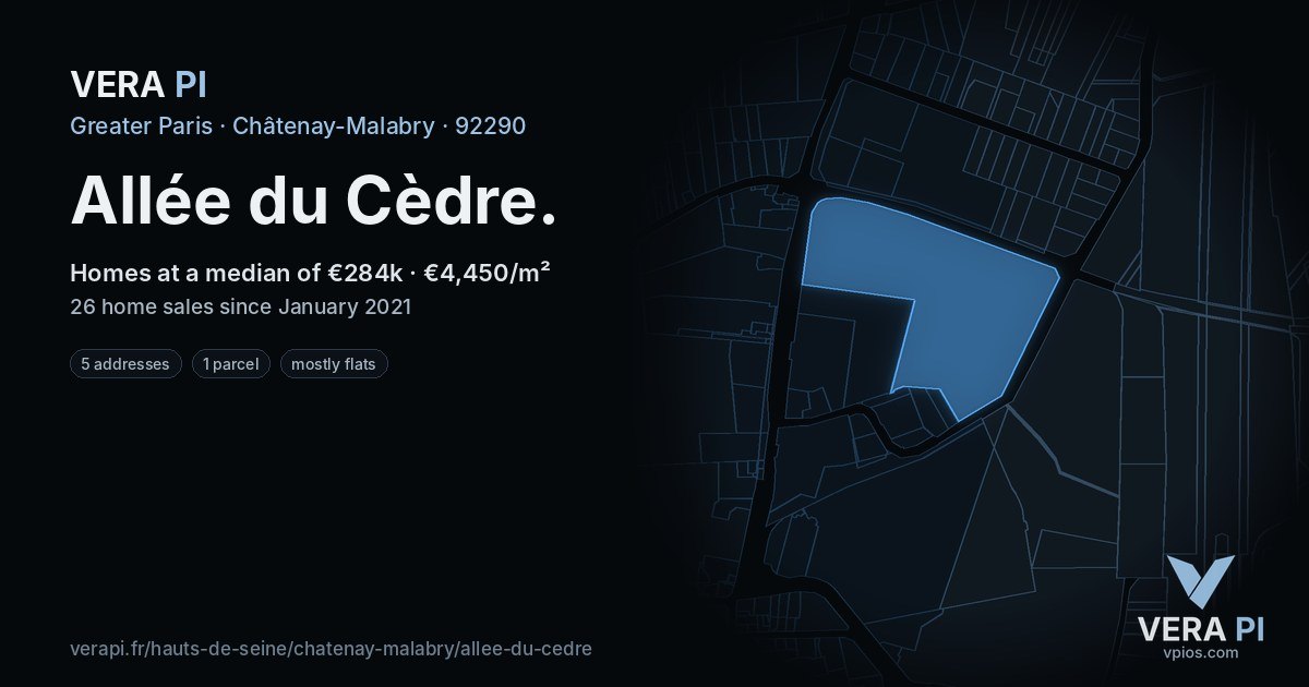 Allée du Cèdre, Châtenay-Malabry at night – every parcel coloured by the prices around it, the street's own parcels lit