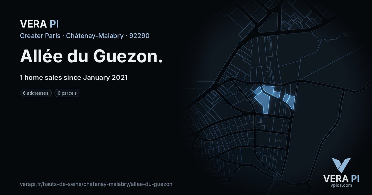 Allée du Guezon, Châtenay-Malabry at night – every parcel coloured by the prices around it, the street's own parcels lit