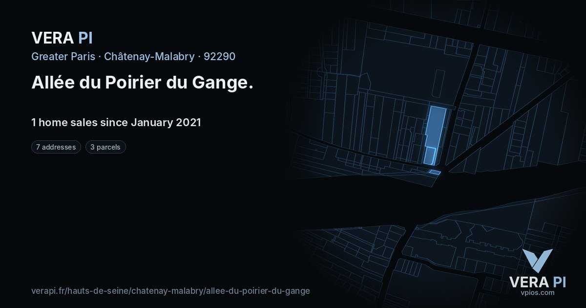 Allée du Poirier du Gange, Châtenay-Malabry at night – every parcel coloured by the prices around it, the street's own parcels lit