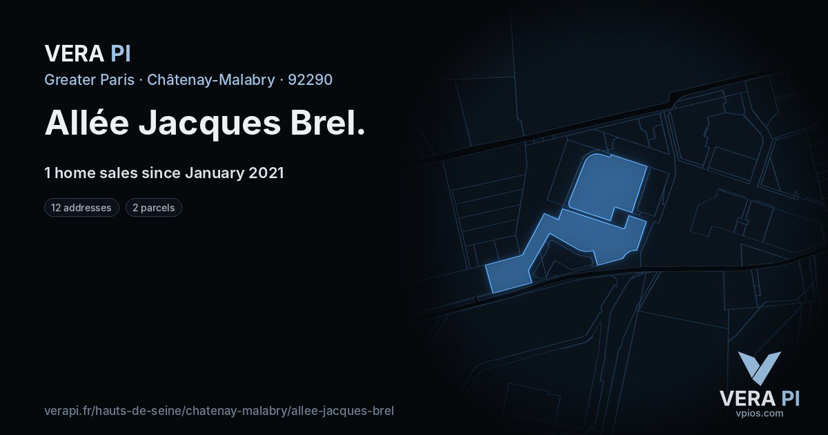 Allée Jacques Brel, Châtenay-Malabry at night – every parcel coloured by the prices around it, the street's own parcels lit