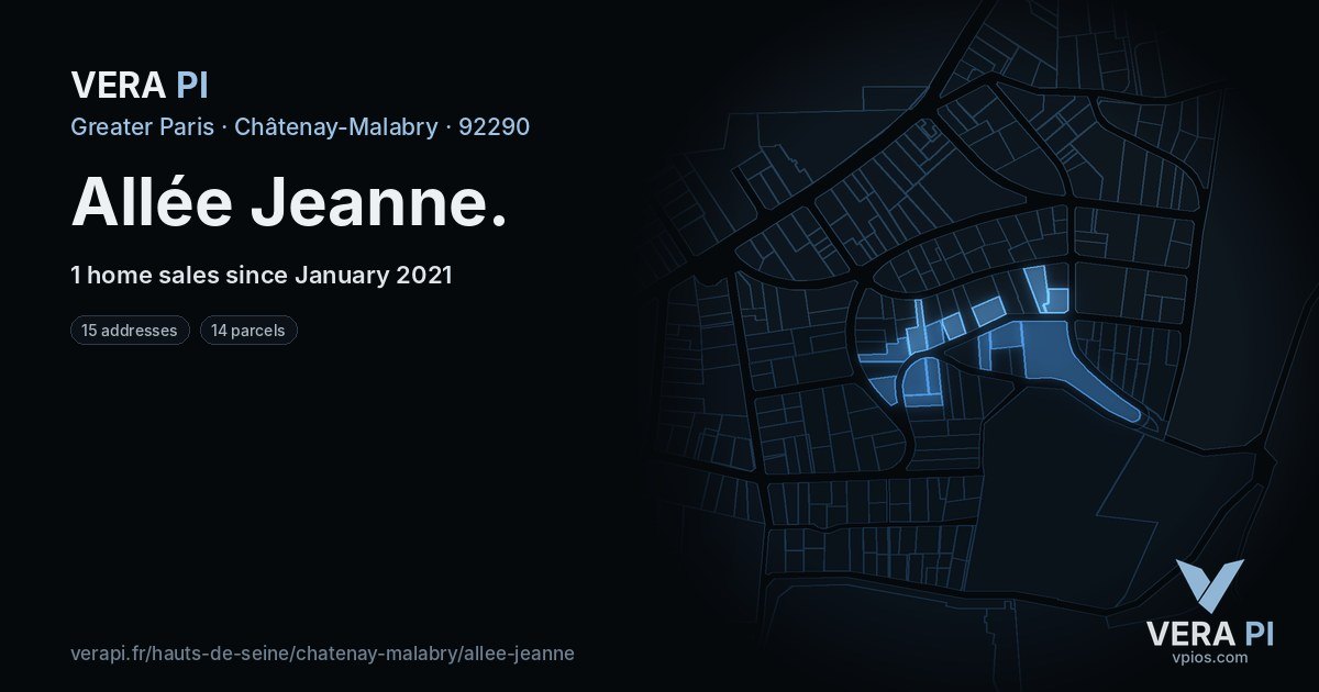 Allée Jeanne, Châtenay-Malabry at night – every parcel coloured by the prices around it, the street's own parcels lit