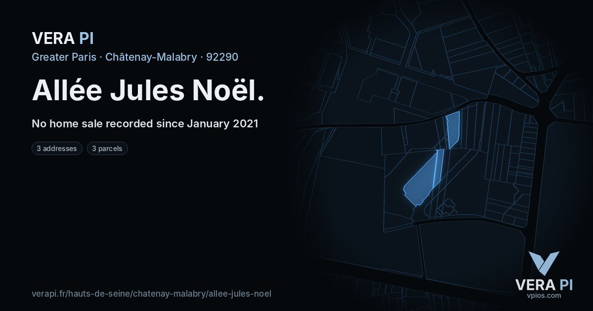 Allée Jules Noël, Châtenay-Malabry at night – every parcel coloured by the prices around it, the street's own parcels lit