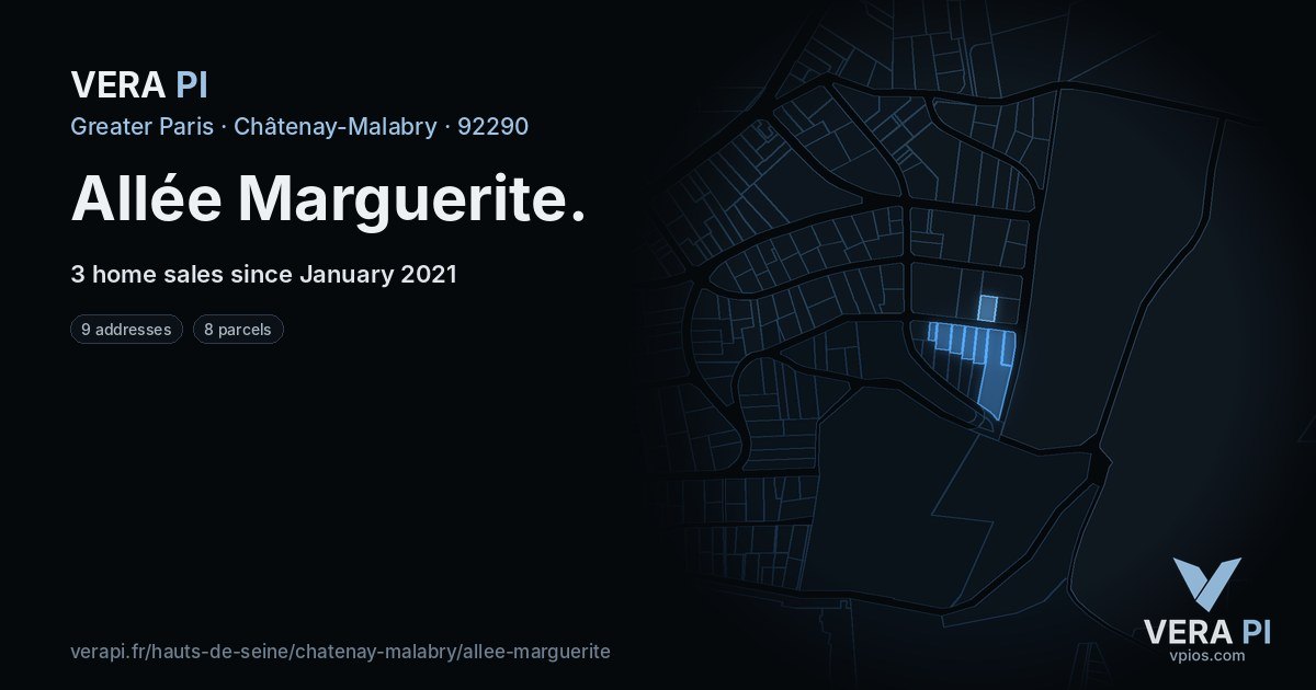 Allée Marguerite, Châtenay-Malabry at night – every parcel coloured by the prices around it, the street's own parcels lit