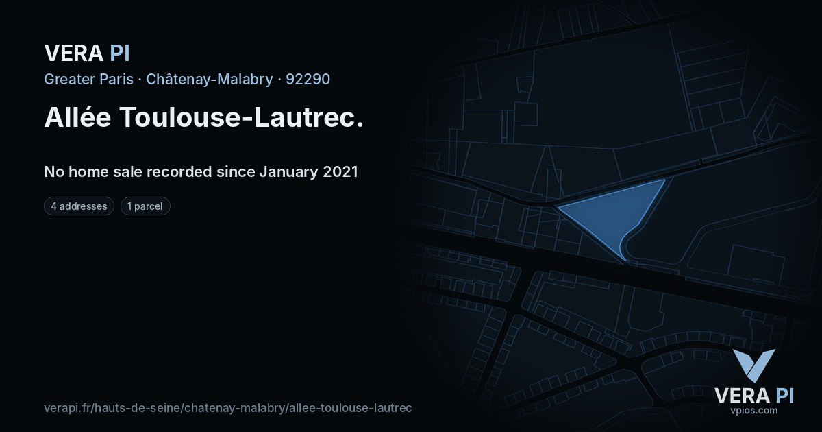 Allée Toulouse-Lautrec, Châtenay-Malabry at night – every parcel coloured by the prices around it, the street's own parcels lit