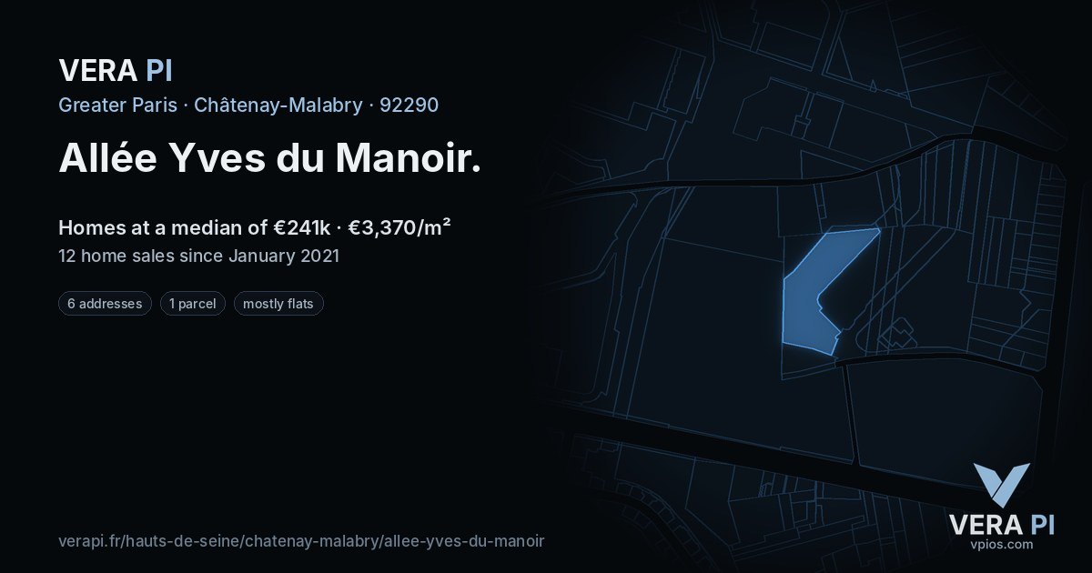Allée Yves du Manoir, Châtenay-Malabry at night – every parcel coloured by the prices around it, the street's own parcels lit