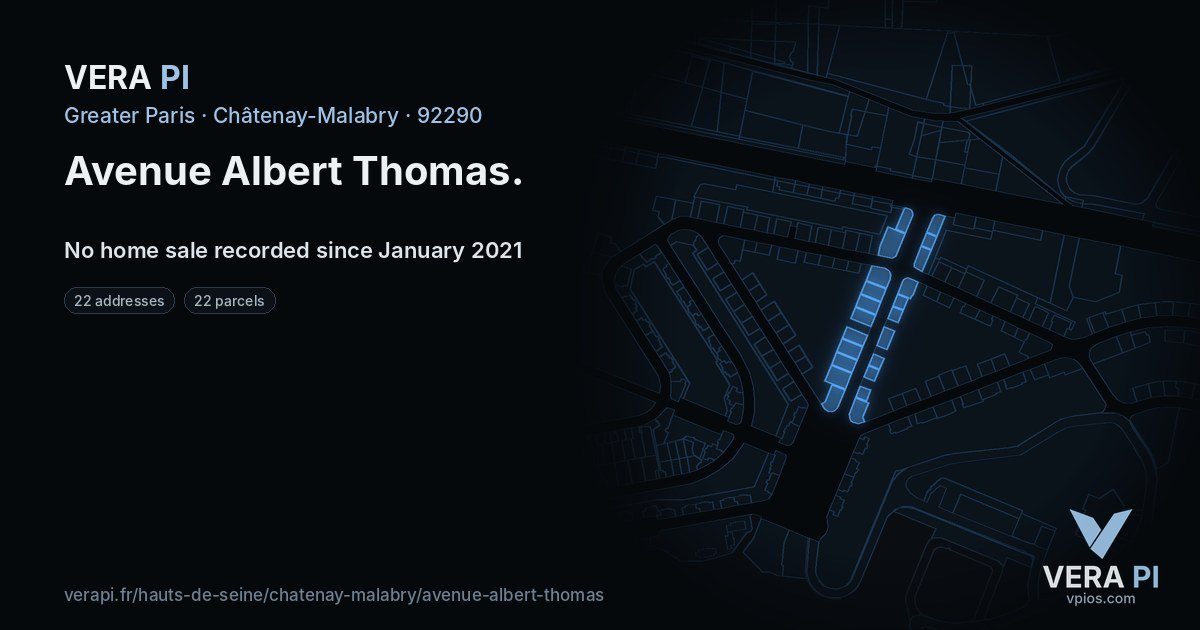 Avenue Albert Thomas, Châtenay-Malabry at night – every parcel coloured by the prices around it, the street's own parcels lit