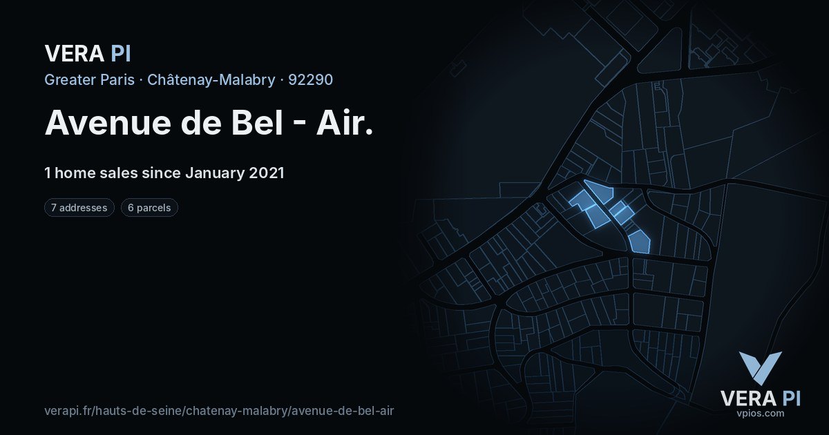 Avenue de Bel - Air, Châtenay-Malabry at night – every parcel coloured by the prices around it, the street's own parcels lit