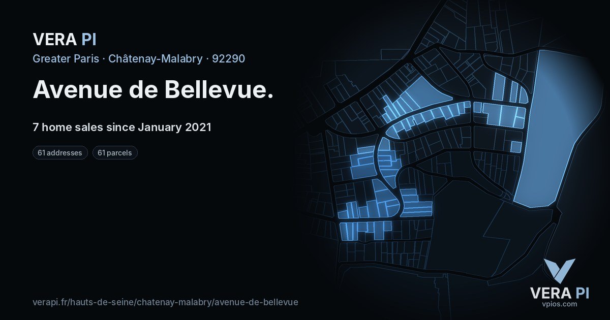 Avenue de Bellevue, Châtenay-Malabry at night – every parcel coloured by the prices around it, the street's own parcels lit