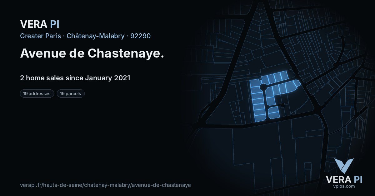 Avenue de Chastenaye, Châtenay-Malabry at night – every parcel coloured by the prices around it, the street's own parcels lit