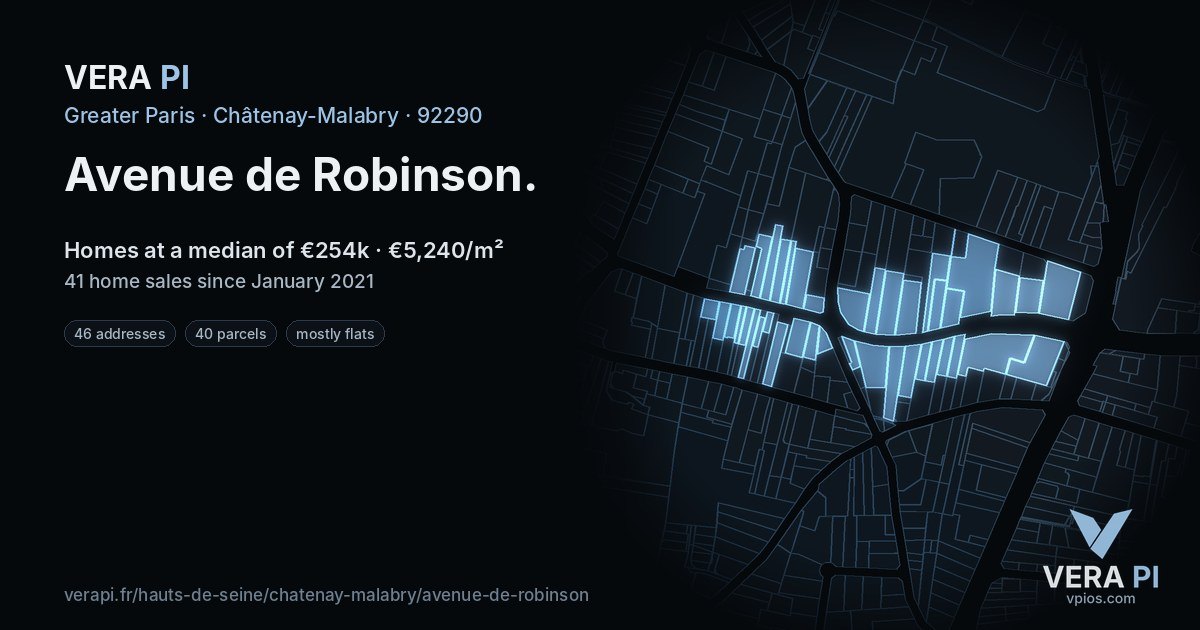 Avenue de Robinson, Châtenay-Malabry at night – every parcel coloured by the prices around it, the street's own parcels lit