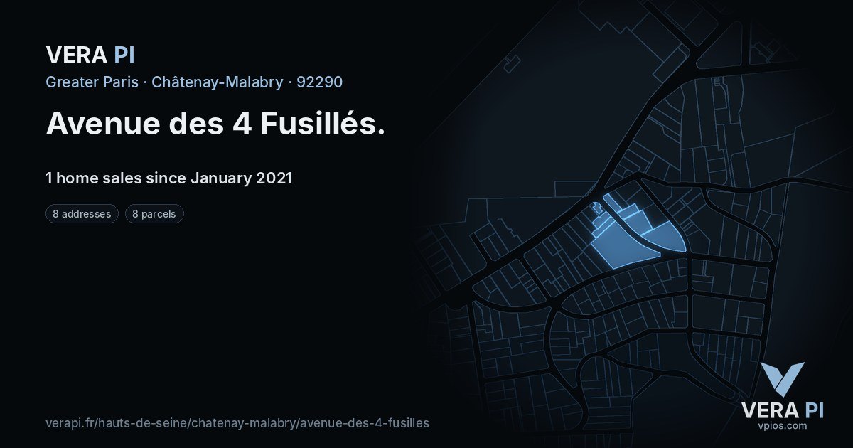 Avenue des 4 Fusillés, Châtenay-Malabry at night – every parcel coloured by the prices around it, the street's own parcels lit