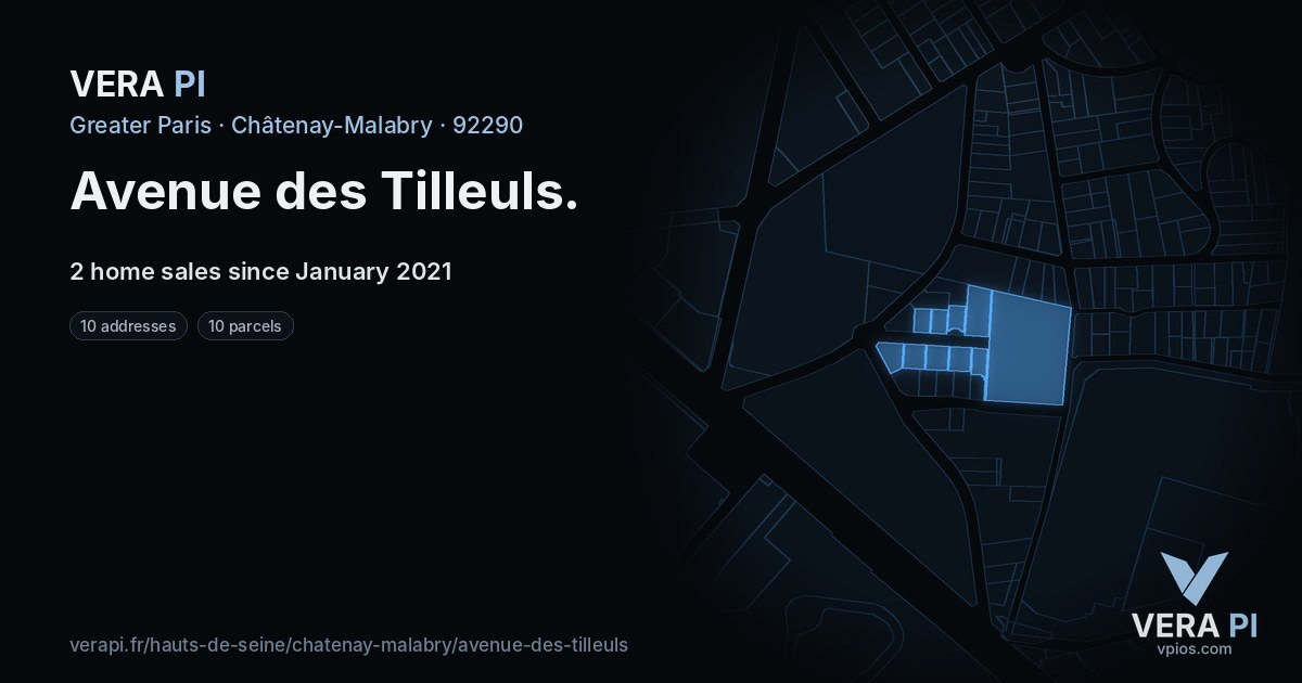 Avenue des Tilleuls, Châtenay-Malabry at night – every parcel coloured by the prices around it, the street's own parcels lit
