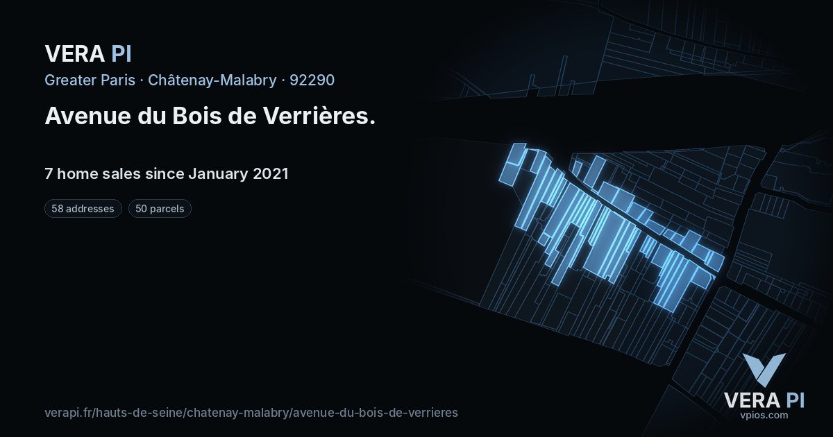 Avenue du Bois de Verrières, Châtenay-Malabry at night – every parcel coloured by the prices around it, the street's own parcels lit