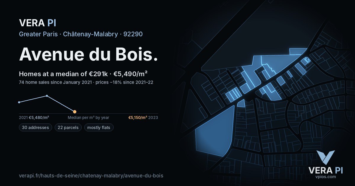 Avenue du Bois, Châtenay-Malabry at night – every parcel coloured by the prices around it, the street's own parcels lit