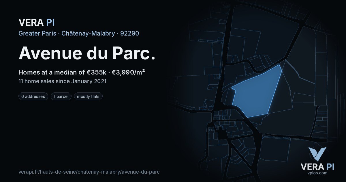 Avenue du Parc, Châtenay-Malabry at night – every parcel coloured by the prices around it, the street's own parcels lit