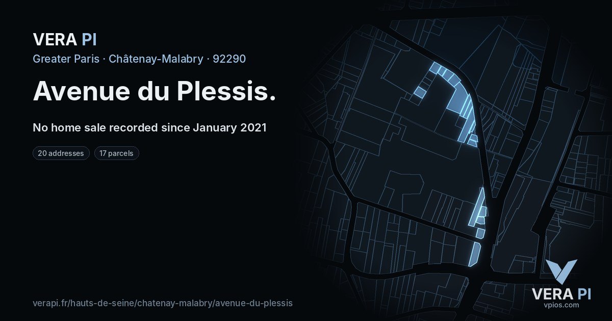 Avenue du Plessis, Châtenay-Malabry at night – every parcel coloured by the prices around it, the street's own parcels lit