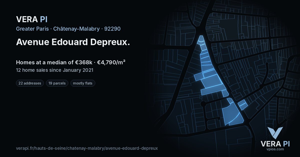 Avenue Edouard Depreux, Châtenay-Malabry at night – every parcel coloured by the prices around it, the street's own parcels lit