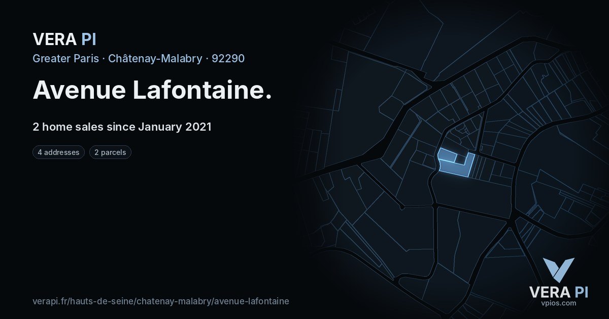 Avenue Lafontaine, Châtenay-Malabry at night – every parcel coloured by the prices around it, the street's own parcels lit