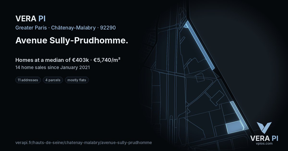Avenue Sully-Prudhomme, Châtenay-Malabry at night – every parcel coloured by the prices around it, the street's own parcels lit