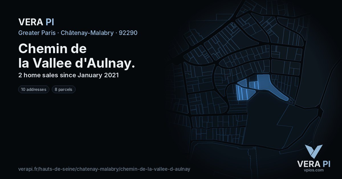Chemin de la Vallee d'Aulnay, Châtenay-Malabry at night – every parcel coloured by the prices around it, the street's own parcels lit