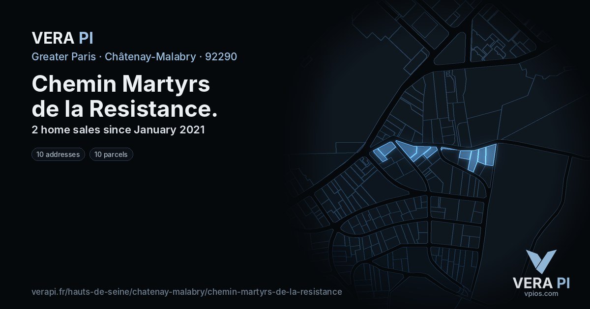 Chemin Martyrs de la Resistance, Châtenay-Malabry at night – every parcel coloured by the prices around it, the street's own parcels lit