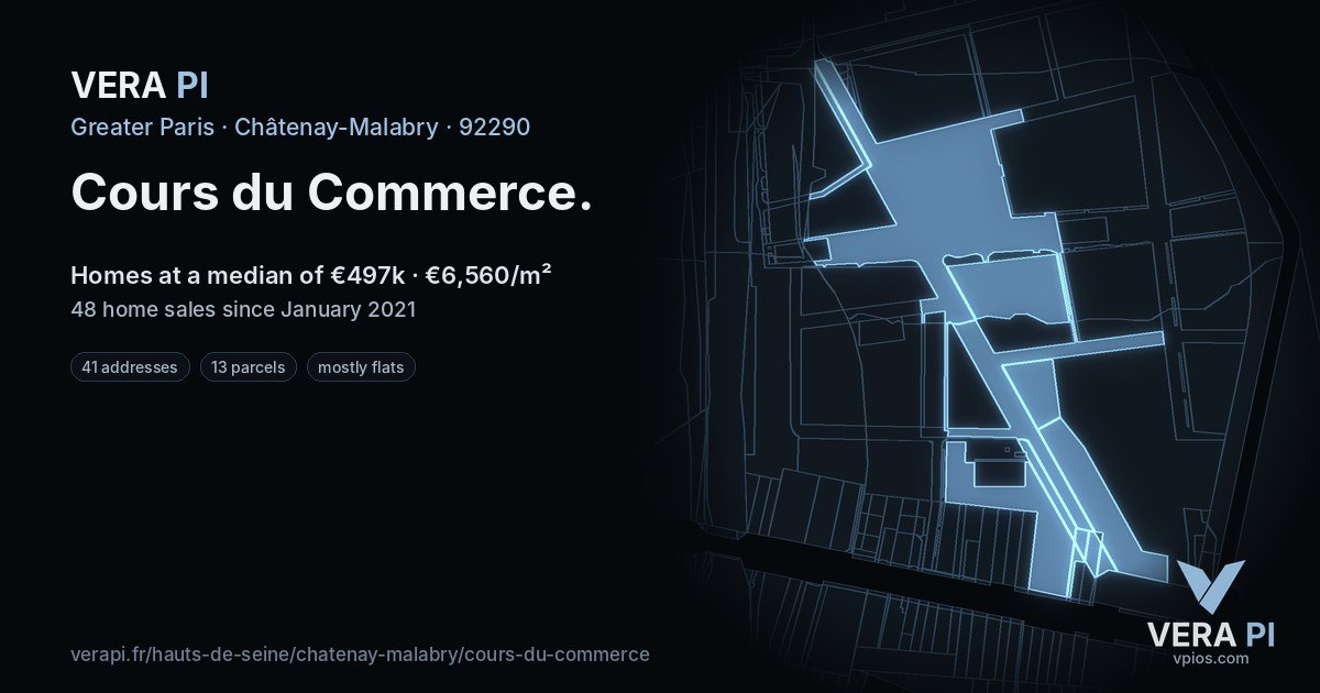 Cours du Commerce, Châtenay-Malabry at night – every parcel coloured by the prices around it, the street's own parcels lit