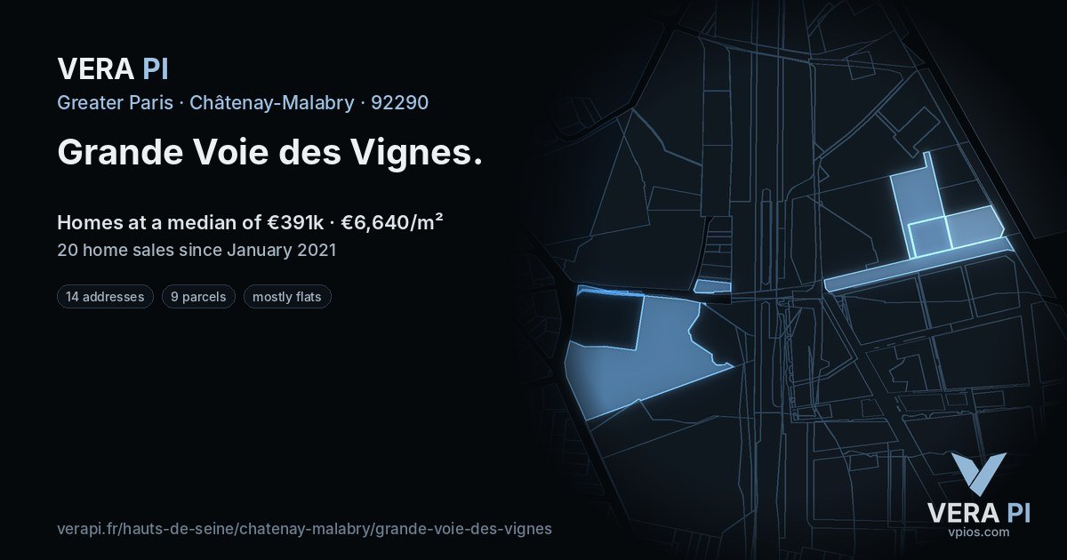 Grande Voie des Vignes, Châtenay-Malabry at night – every parcel coloured by the prices around it, the street's own parcels lit