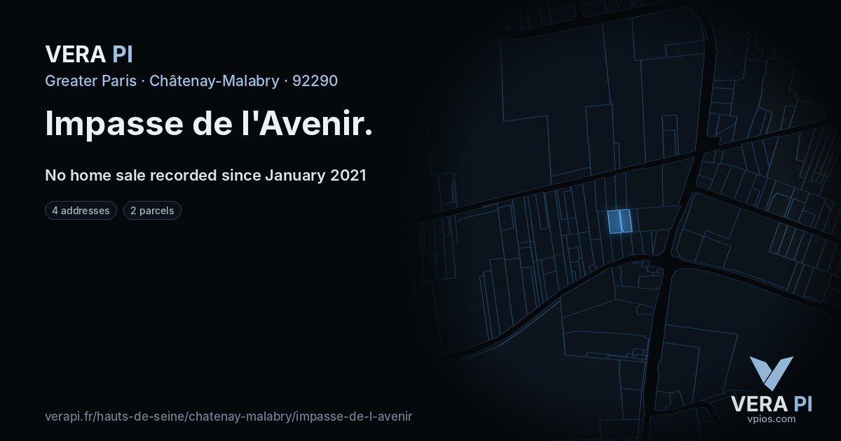 Impasse de l'Avenir, Châtenay-Malabry at night – every parcel coloured by the prices around it, the street's own parcels lit