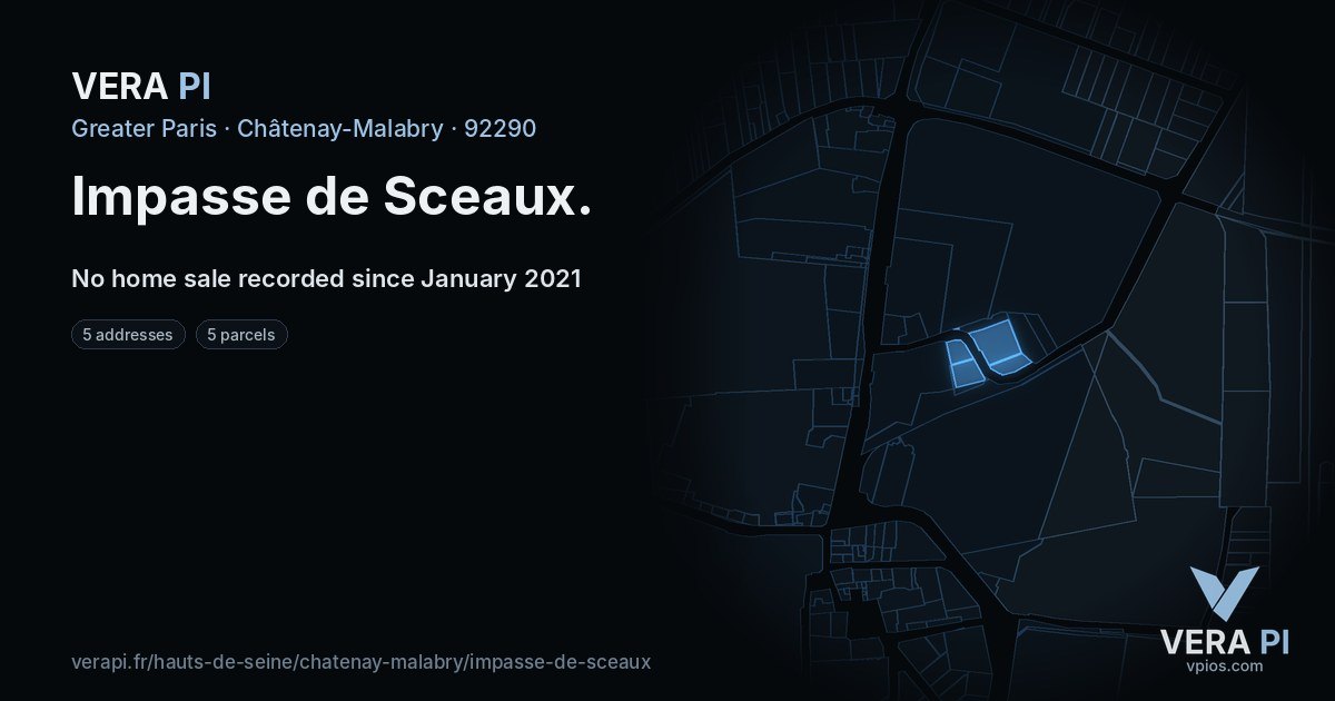 Impasse de Sceaux, Châtenay-Malabry at night – every parcel coloured by the prices around it, the street's own parcels lit