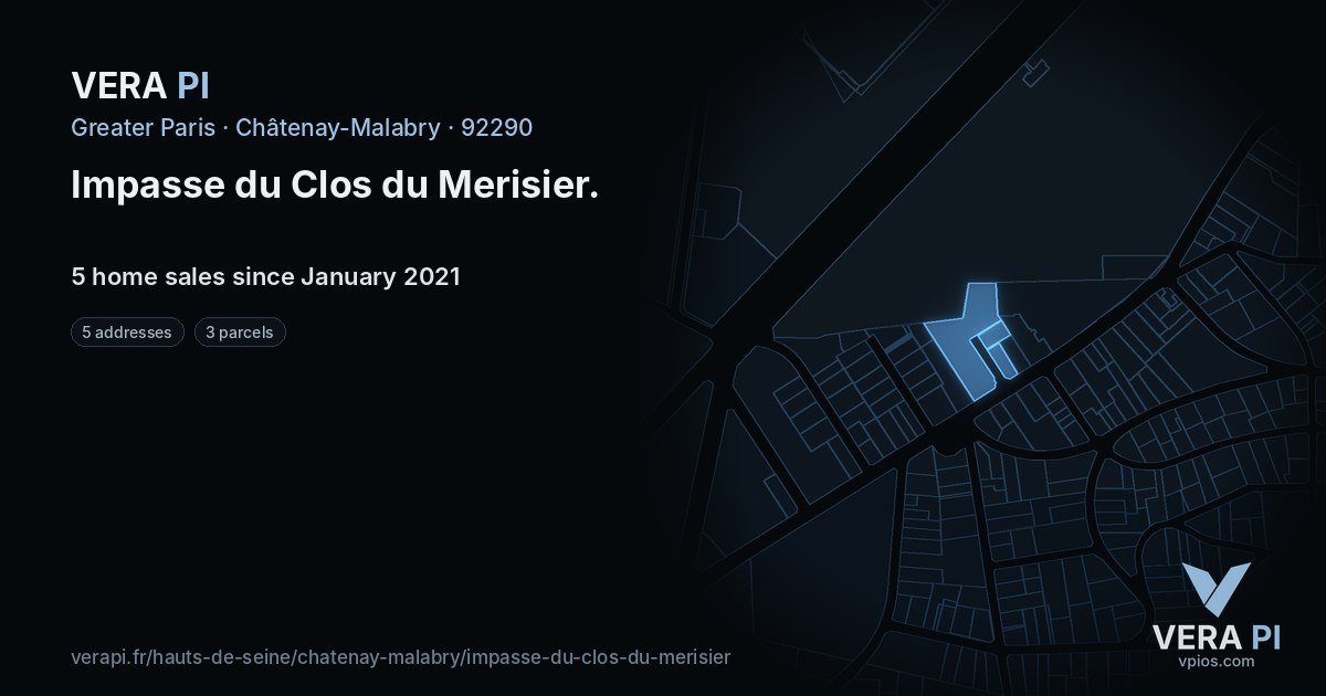 Impasse du Clos du Merisier, Châtenay-Malabry at night – every parcel coloured by the prices around it, the street's own parcels lit