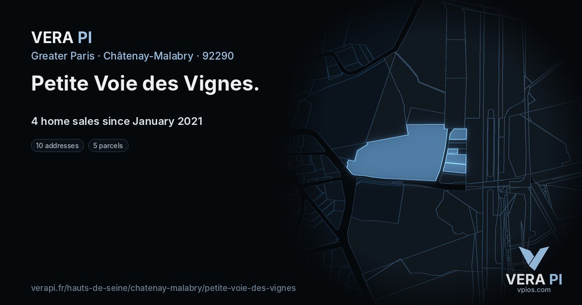 Petite Voie des Vignes, Châtenay-Malabry at night – every parcel coloured by the prices around it, the street's own parcels lit