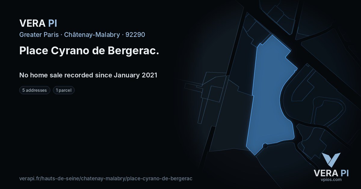 Place Cyrano de Bergerac, Châtenay-Malabry at night – every parcel coloured by the prices around it, the street's own parcels lit