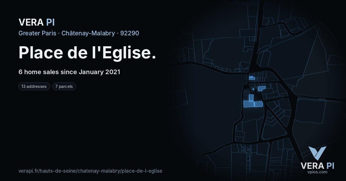 Place de l'Eglise, Châtenay-Malabry at night – every parcel coloured by the prices around it, the street's own parcels lit