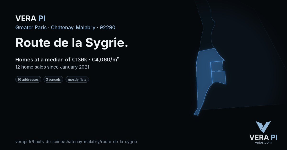 Route de la Sygrie, Châtenay-Malabry at night – every parcel coloured by the prices around it, the street's own parcels lit