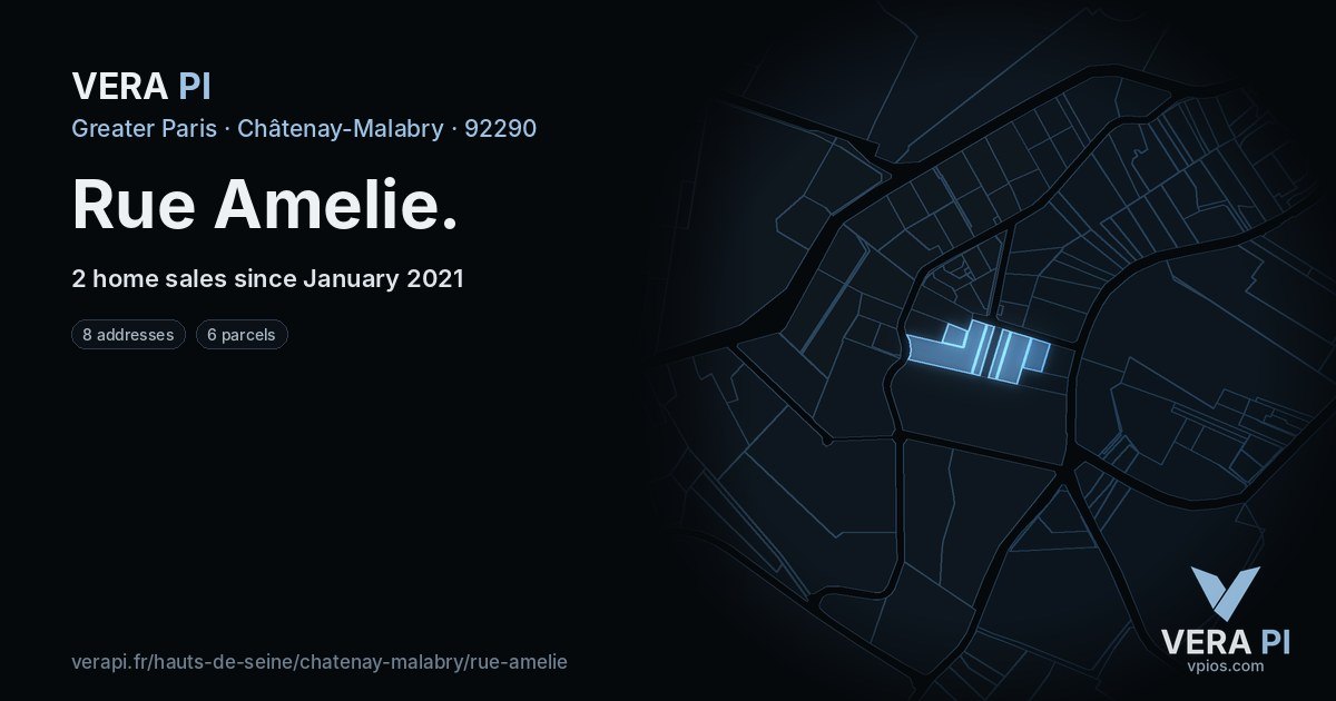 Rue Amelie, Châtenay-Malabry at night – every parcel coloured by the prices around it, the street's own parcels lit