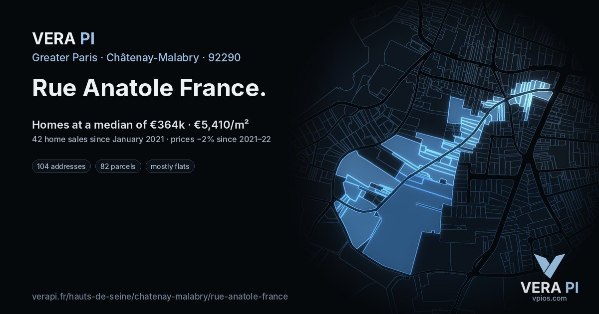 Rue Anatole France, Châtenay-Malabry at night – every parcel coloured by the prices around it, the street's own parcels lit