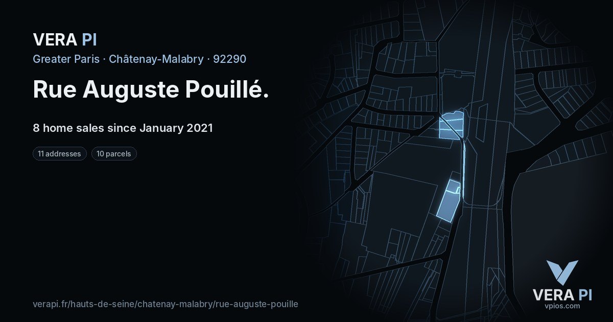 Rue Auguste Pouillé, Châtenay-Malabry at night – every parcel coloured by the prices around it, the street's own parcels lit