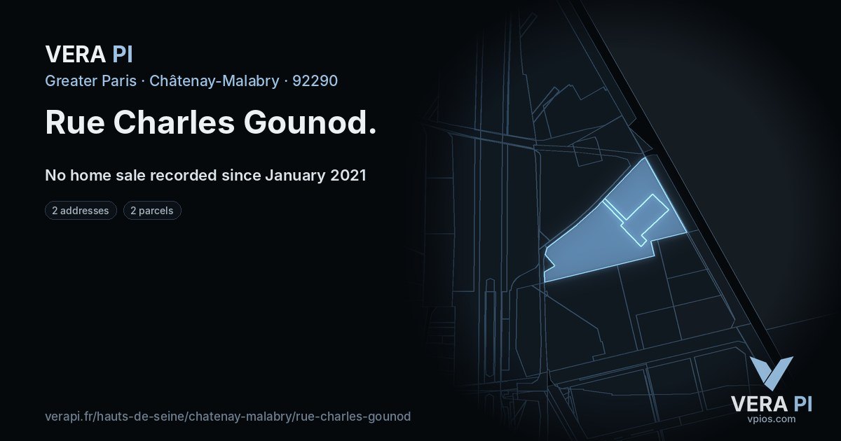 Rue Charles Gounod, Châtenay-Malabry at night – every parcel coloured by the prices around it, the street's own parcels lit