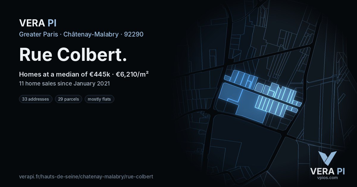 Rue Colbert, Châtenay-Malabry at night – every parcel coloured by the prices around it, the street's own parcels lit