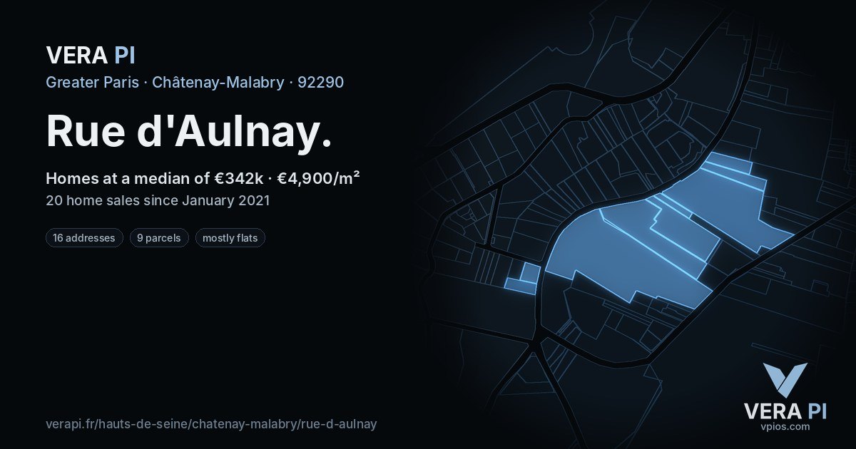 Rue d'Aulnay, Châtenay-Malabry at night – every parcel coloured by the prices around it, the street's own parcels lit
