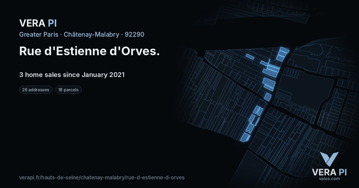 Rue d'Estienne d'Orves, Châtenay-Malabry at night – every parcel coloured by the prices around it, the street's own parcels lit