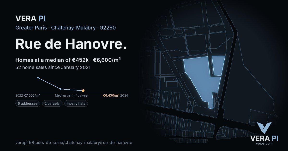Rue de Hanovre, Châtenay-Malabry at night – every parcel coloured by the prices around it, the street's own parcels lit
